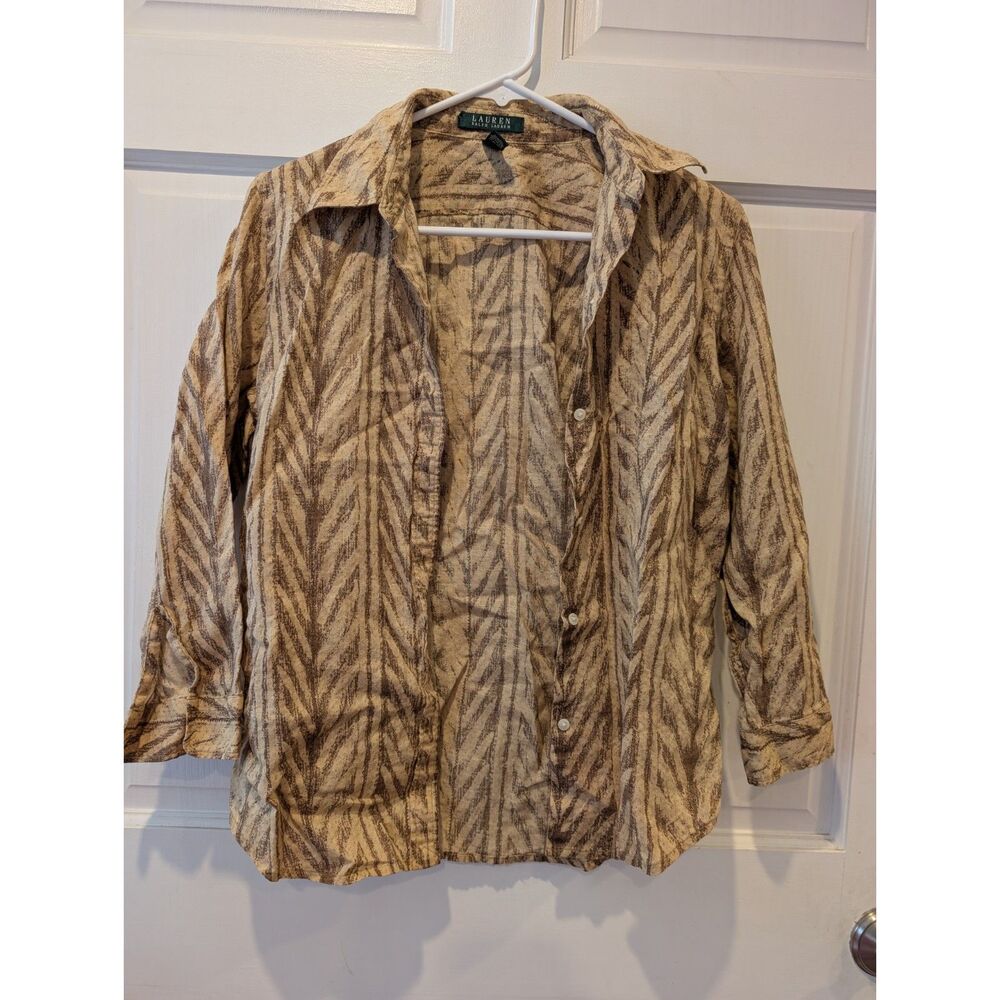 Lauren Ralph Lauren 100 Linen Button Down Cream Brown M